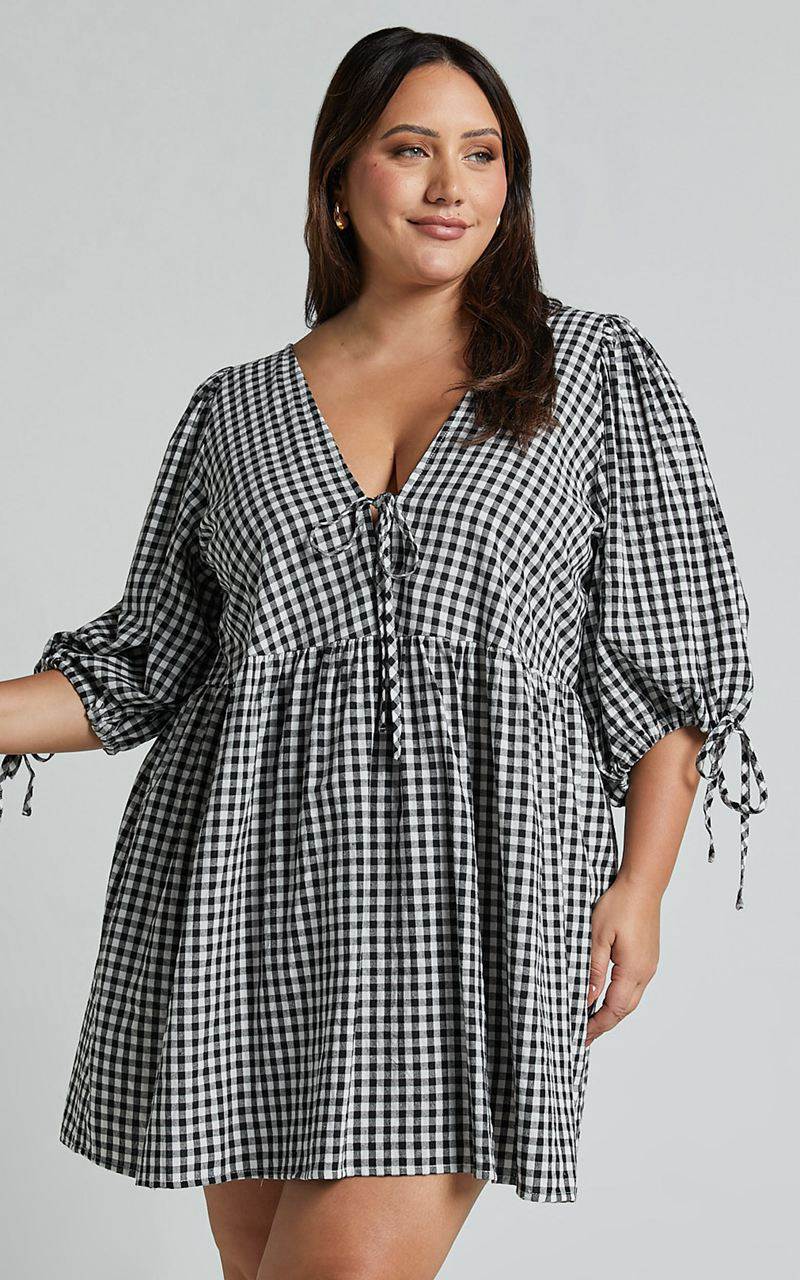 Showpo Rosita Mini Dress - Tie Front Puff Sleeve Dress Black And White Check | MYHIRJ853