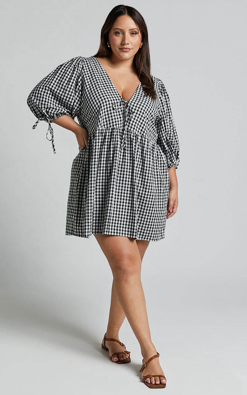 Showpo Rosita Mini Dress - Tie Front Puff Sleeve Dress Black And White Check | MYHIRJ853