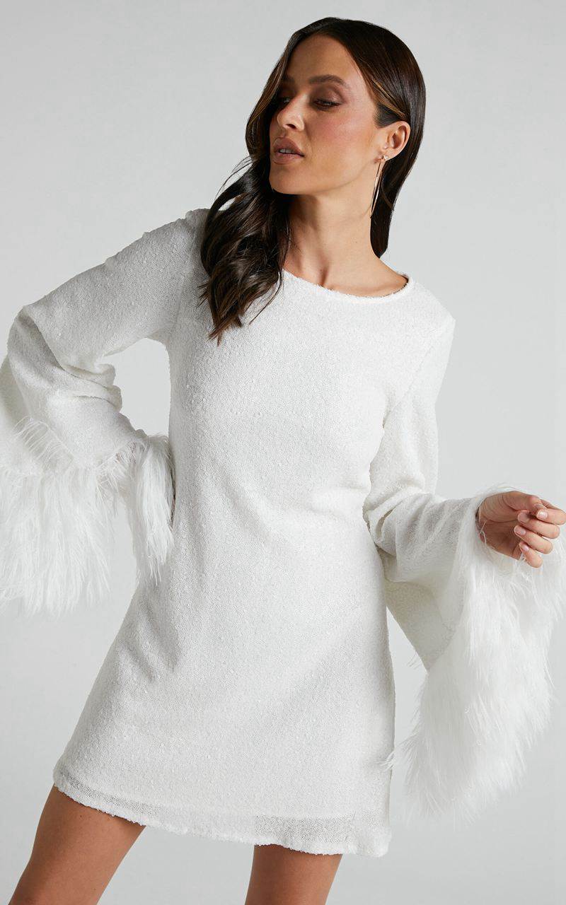 Showpo Rowella Mini Dress - Faux Feather Bell Sleeve Dress White | EFJWLK750