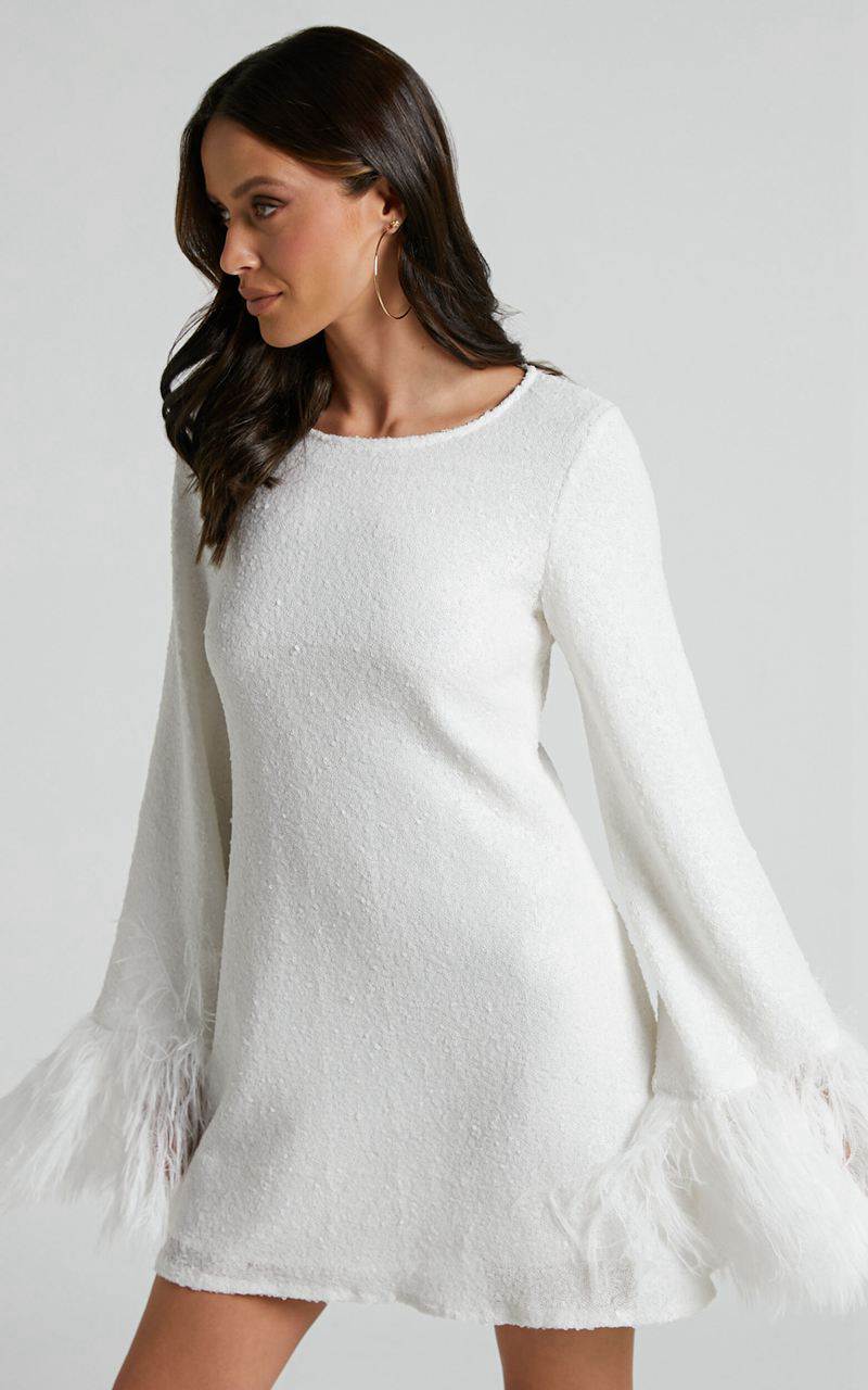 Showpo Rowella Mini Dress - Faux Feather Bell Sleeve Dress White | EFJWLK750