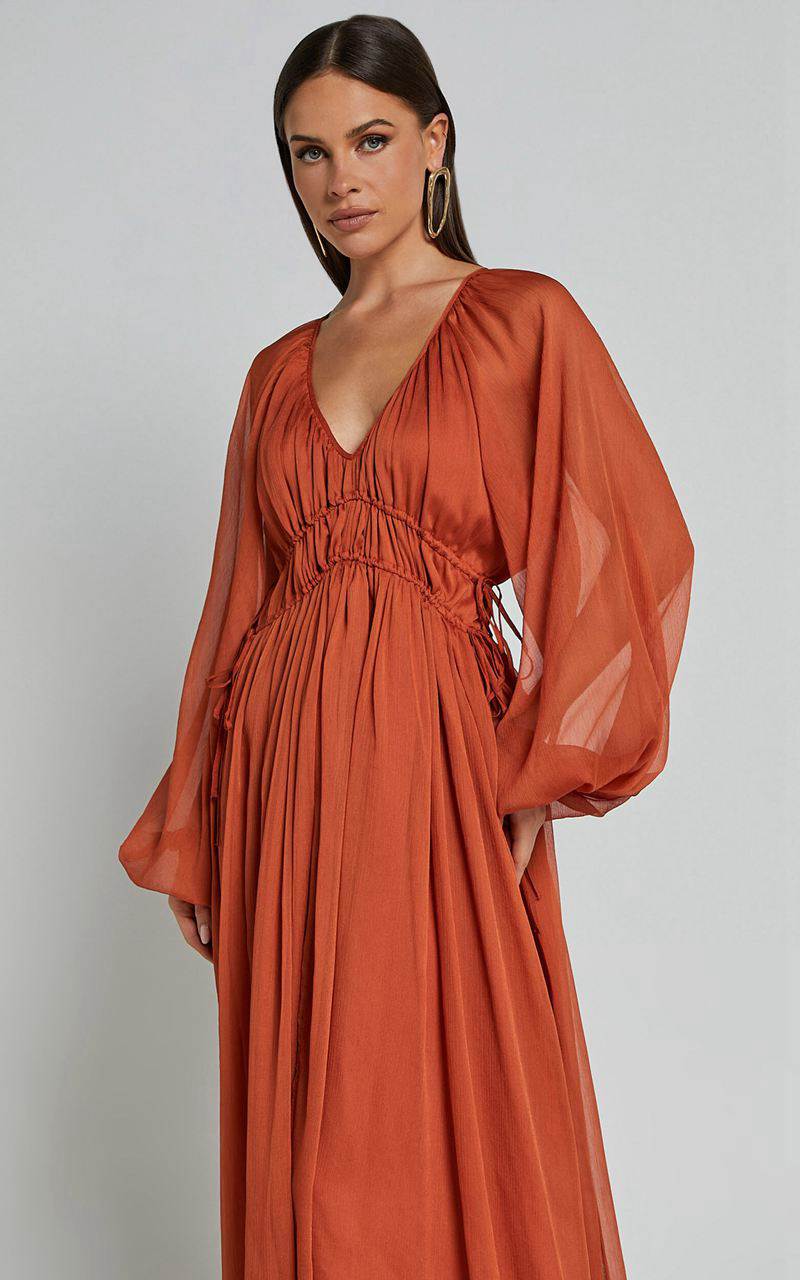 Showpo Roxanna Maxi Dress - Long Sleeve Ruched Waist Dress Rust | WOPTZB983