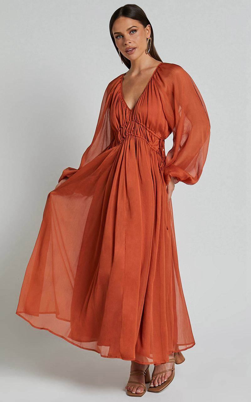 Showpo Roxanna Maxi Dress - Long Sleeve Ruched Waist Dress Rust | WOPTZB983