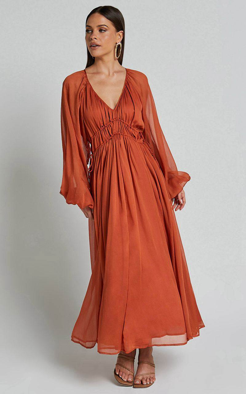 Showpo Roxanna Maxi Dress - Long Sleeve Ruched Waist Dress Rust | WOPTZB983