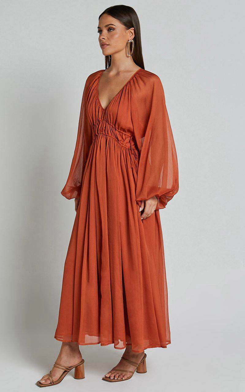 Showpo Roxanna Maxi Dress - Long Sleeve Ruched Waist Dress Rust | WOPTZB983