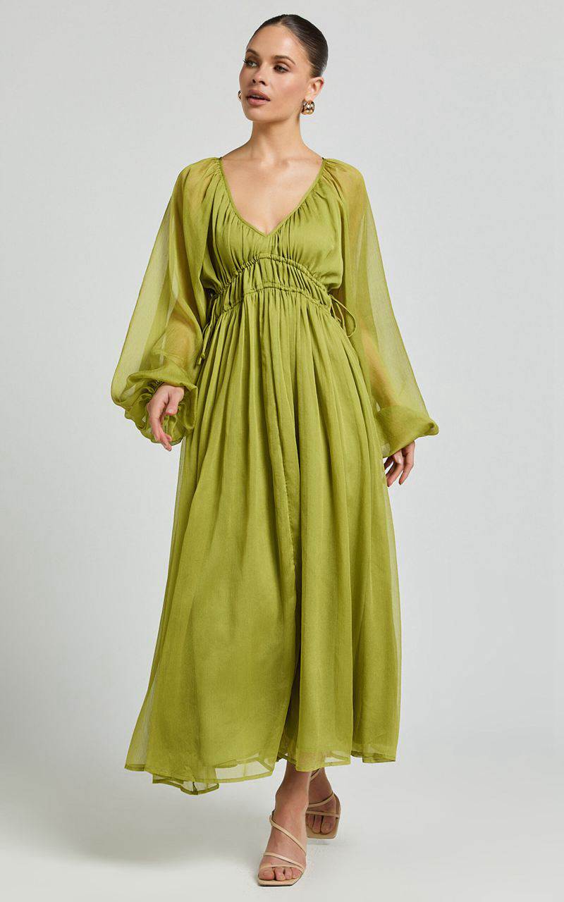 Showpo Roxanna Maxi Dress - Long Sleeve Ruched Waist Dress Green | ODJBUZ487