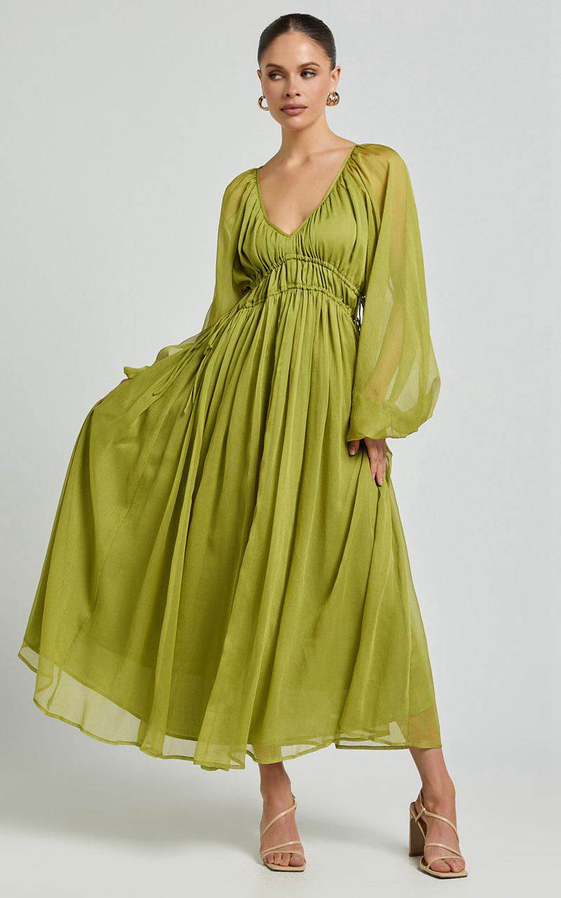 Showpo Roxanna Maxi Dress - Long Sleeve Ruched Waist Dress Green | ODJBUZ487