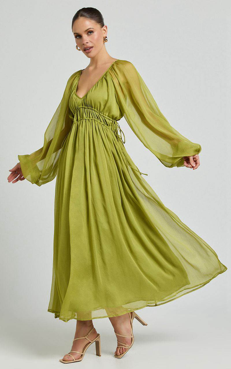 Showpo Roxanna Maxi Dress - Long Sleeve Ruched Waist Dress Green | ODJBUZ487