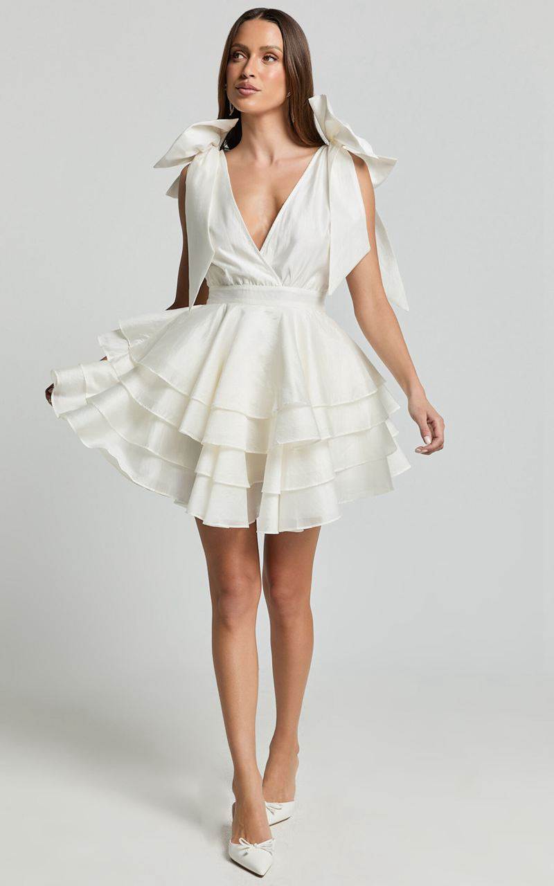 Showpo Roxanne Mini Dress - Shoulder Tie Plunge Ruffle Dress White | YXNLMZ746