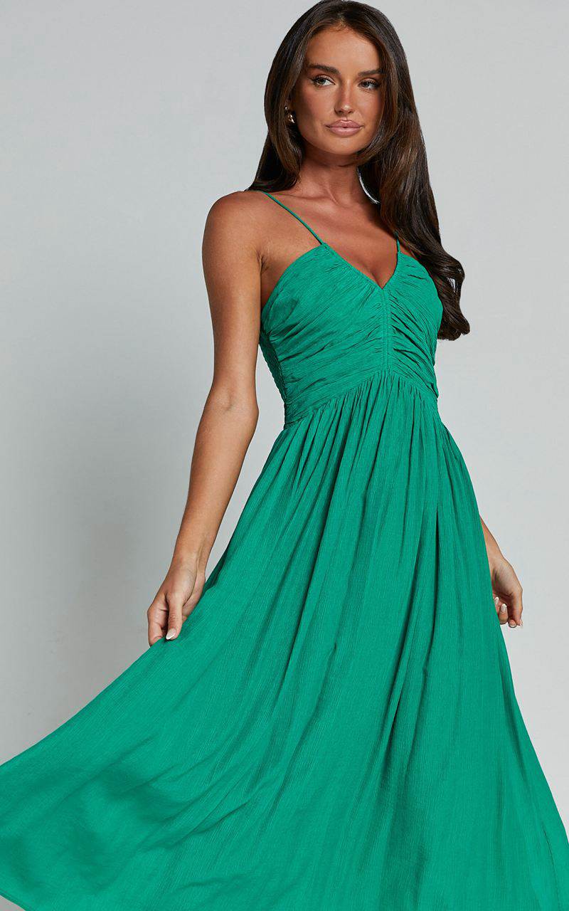 Showpo Roza Midi Dress - Ruched Bodice Dress Emerald | OAMDUT165