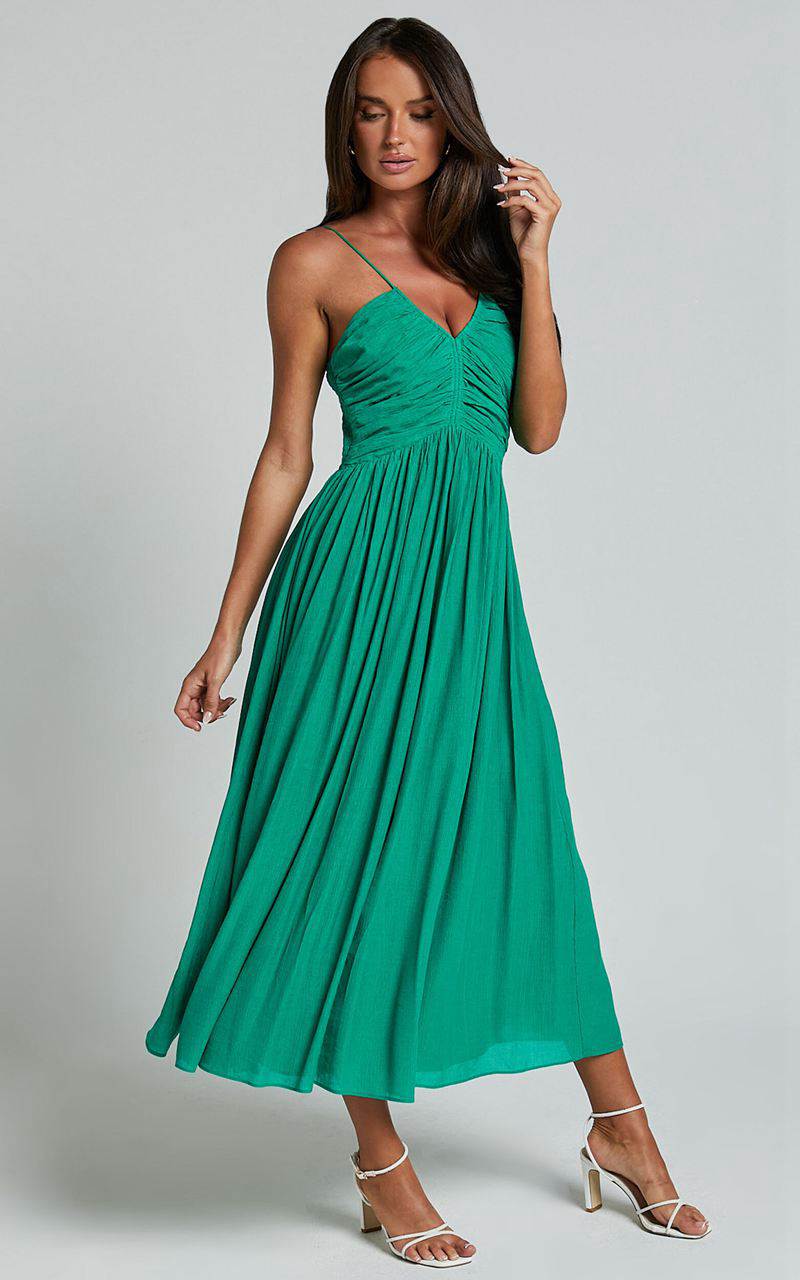 Showpo Roza Midi Dress - Ruched Bodice Dress Emerald | OAMDUT165