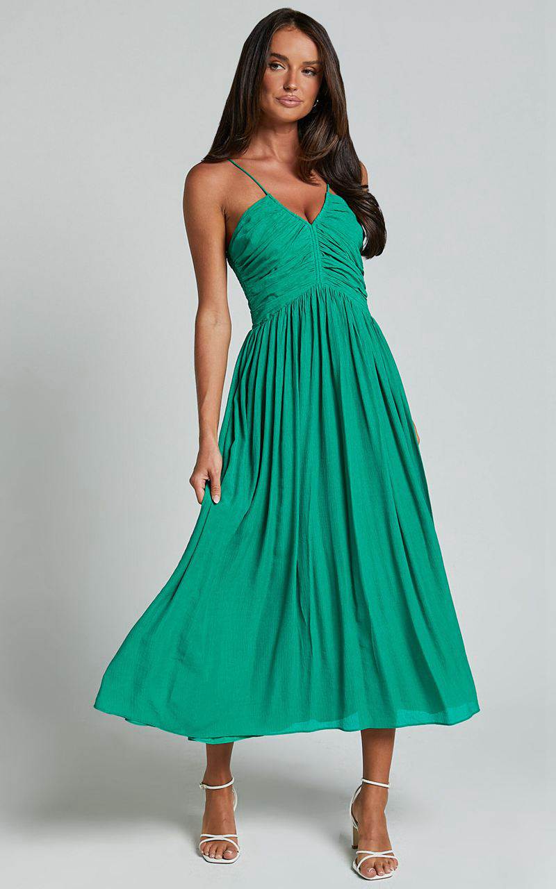 Showpo Roza Midi Dress - Ruched Bodice Dress Emerald | OAMDUT165