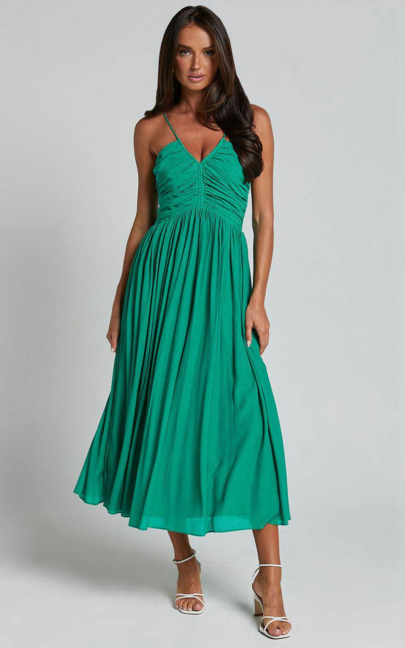 Showpo Roza Midi Dress - Ruched Bodice Dress Emerald | OAMDUT165