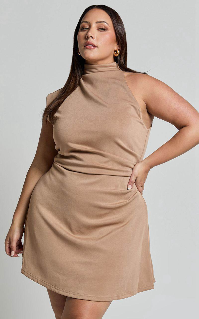 Showpo Rubie Mini Dress - High Neck Asymmetrical One Shoulder Dress Mocha | ZUEKPD597