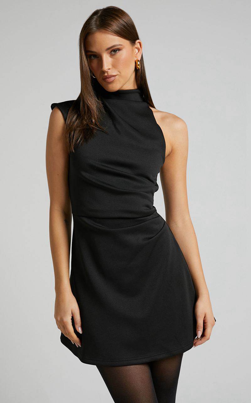 Showpo Rubie Mini Dress - High Neck Asymmetrical One Shoulder Dress Black | YXIEWL740