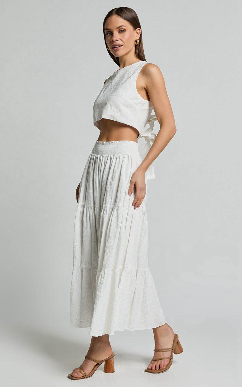 Showpo Ruby Midi Skirt - Shirred High Waist Cotton Tiered Maxi Skirt Off White | IYVDMK936