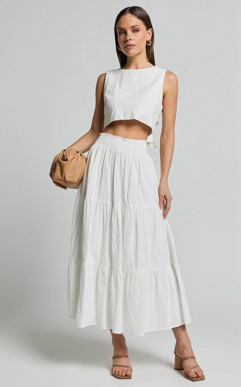 Showpo Ruby Midi Skirt - Shirred High Waist Cotton Tiered Maxi Skirt Off White | IYVDMK936