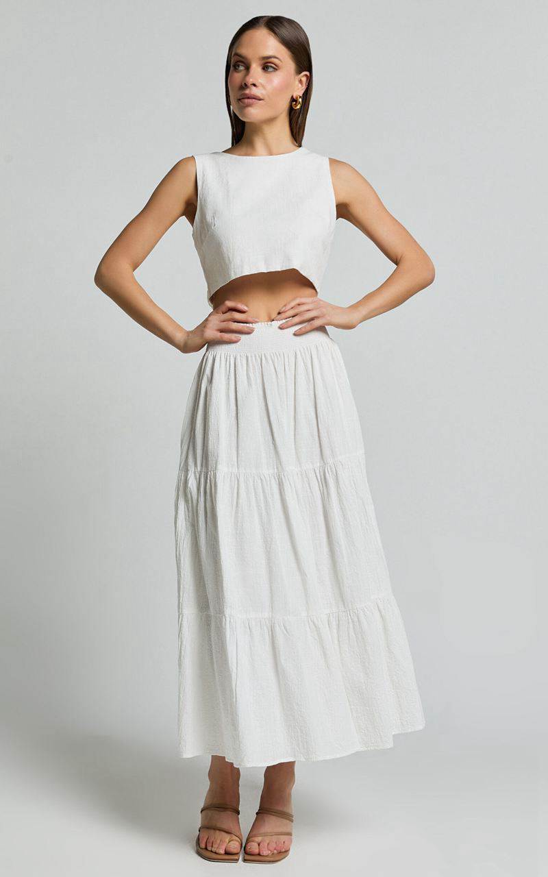 Showpo Ruby Midi Skirt - Shirred High Waist Cotton Tiered Maxi Skirt Off White | IYVDMK936