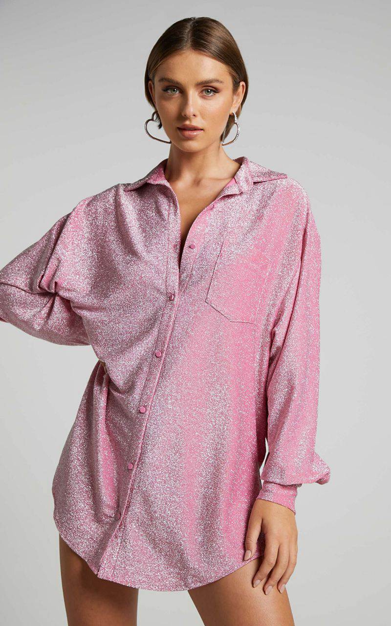 Showpo Ruri Mini Dress - Sparkly Oversized Shirt Dress Pink | YWSOVP375