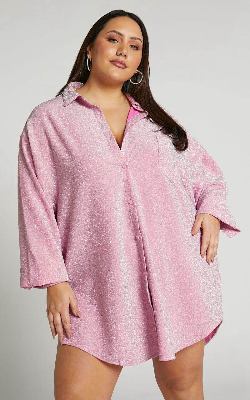 Showpo Ruri Mini Dress - Sparkly Oversized Shirt Dress Pink | YWSOVP375