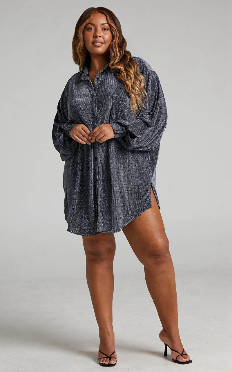 Showpo Ruri Mini Dress - Sparkly Oversized Shirt Dress Black And Silver | NHRGVQ409