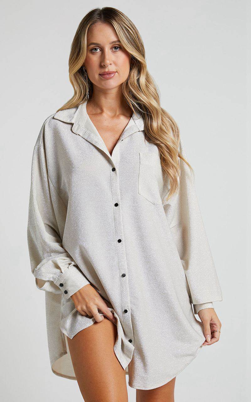 Showpo Ruri Mini Dress - Sparkly Oversized Shirt Dress Neutral | QCKVOX542