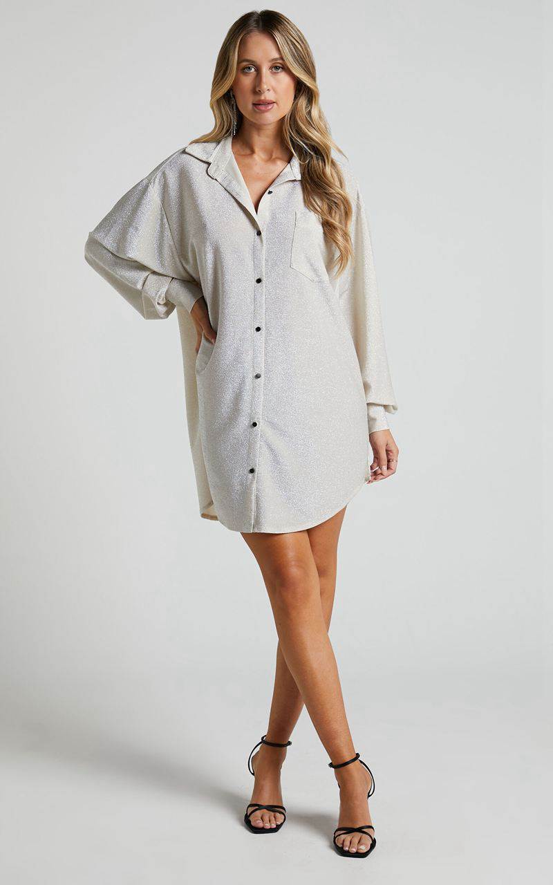 Showpo Ruri Mini Dress - Sparkly Oversized Shirt Dress Neutral | QCKVOX542