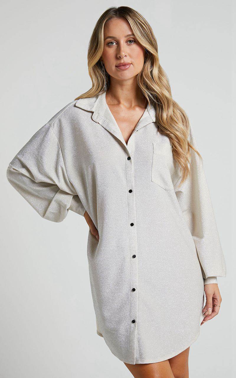 Showpo Ruri Mini Dress - Sparkly Oversized Shirt Dress Neutral | QCKVOX542