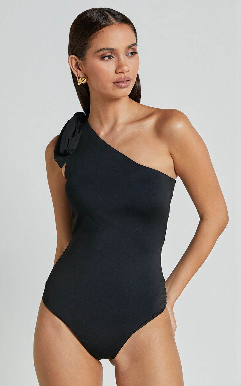 Showpo Ryan Bodysuit - One Shoulder Tie Bodysuit Black | NVXDYE519