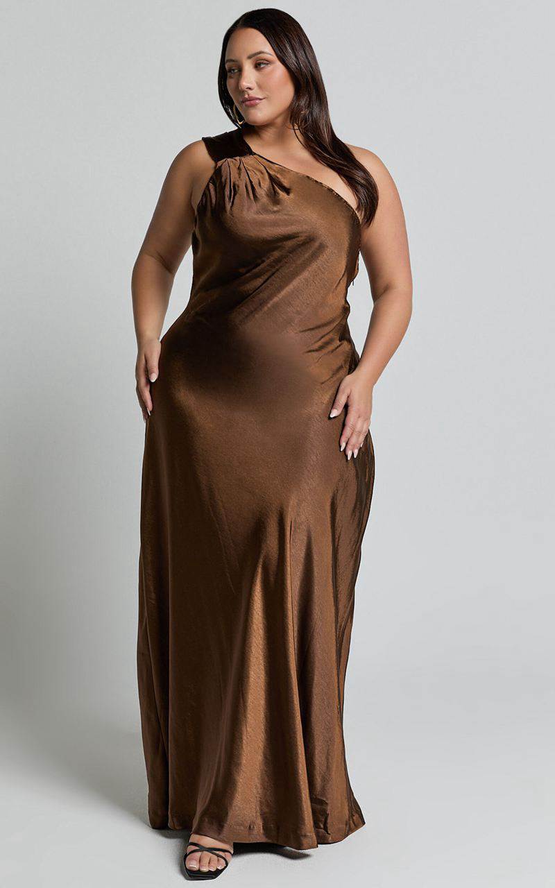 Showpo Ryan Maxi Dress - Tie Neck One Shoulder Dress Chocolate | BHVXNP325