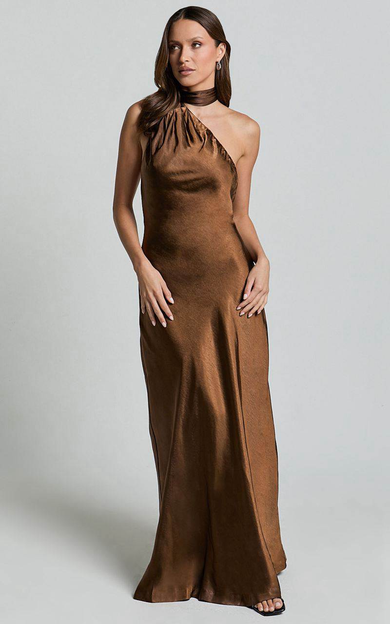 Showpo Ryan Maxi Dress - Tie Neck One Shoulder Dress Chocolate | BHVXNP325