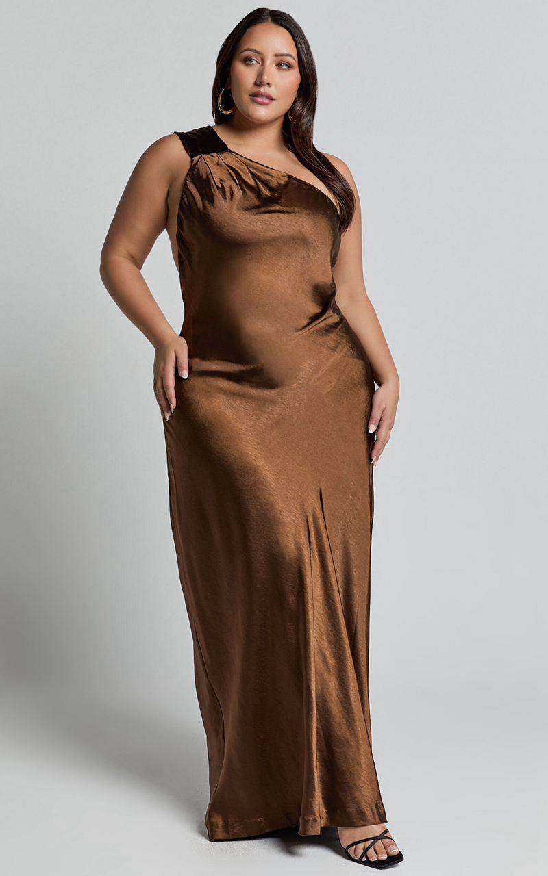 Showpo Ryan Maxi Dress - Tie Neck One Shoulder Dress Chocolate | BHVXNP325