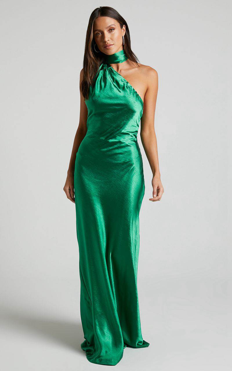 Showpo Ryan Maxi Dress - Tie Neck One Shoulder Dress Forest Green | AHIUZE576