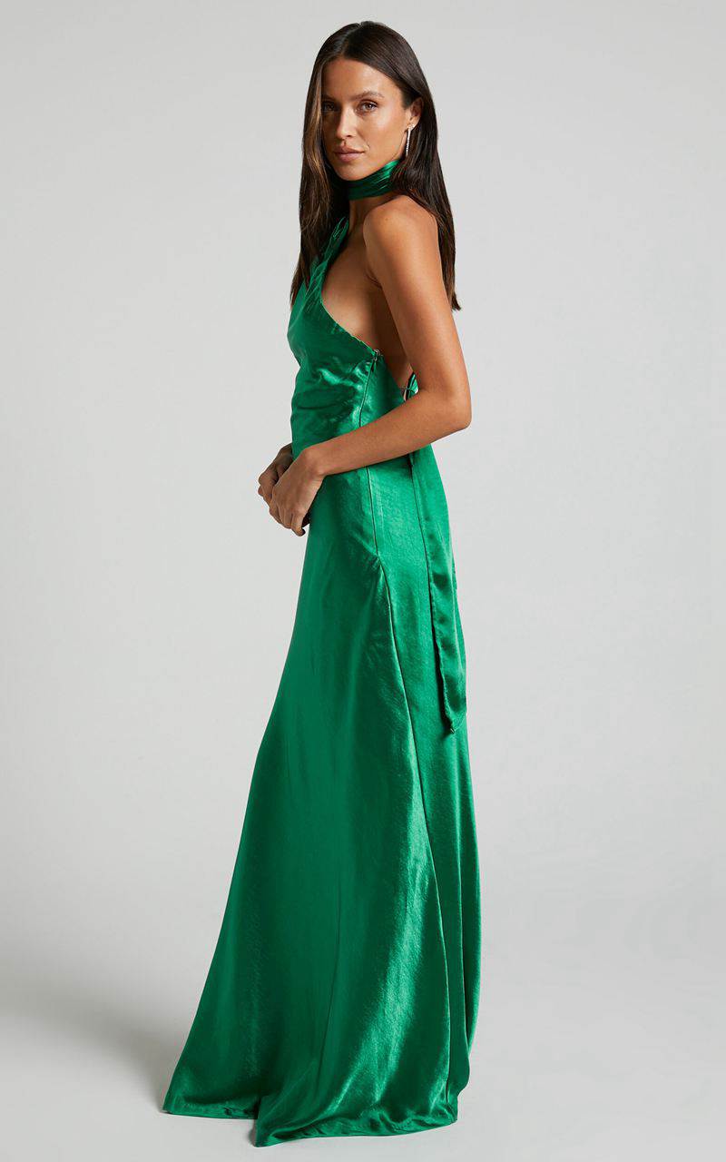 Showpo Ryan Maxi Dress - Tie Neck One Shoulder Dress Forest Green | AHIUZE576