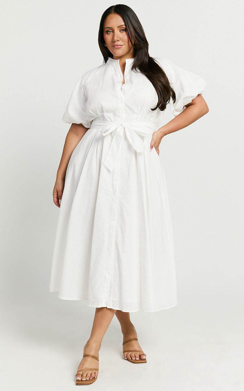 Showpo Sabrina Midi Dress - Linen Look Raglan Sleeve Belted Dress White | LXDTMO534