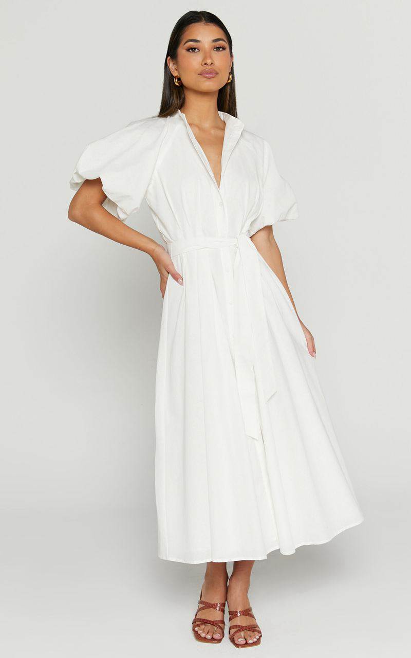 Showpo Sabrina Midi Dress - Linen Look Raglan Sleeve Belted Dress White | LXDTMO534