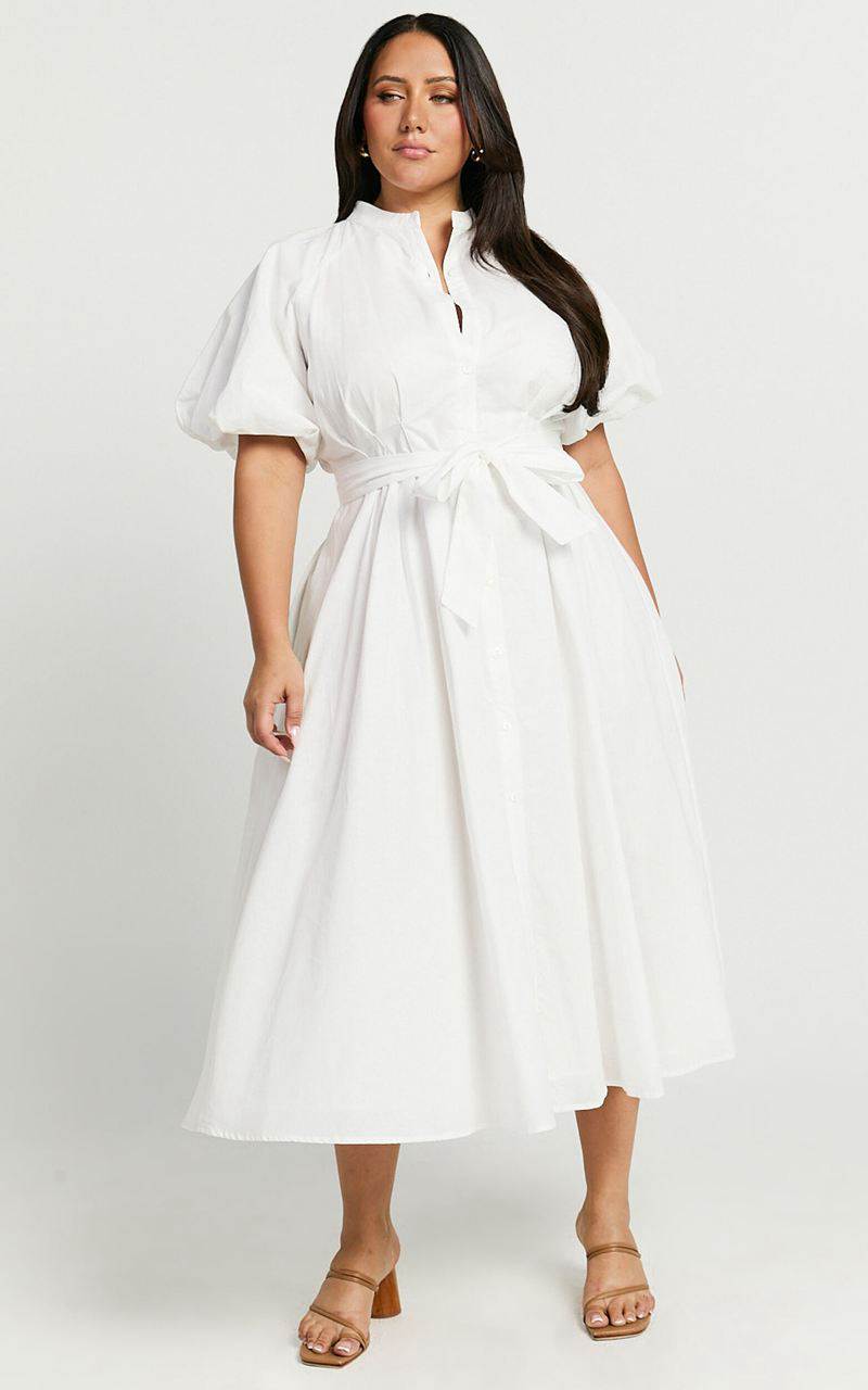 Showpo Sabrina Midi Dress - Linen Look Raglan Sleeve Belted Dress White | LXDTMO534