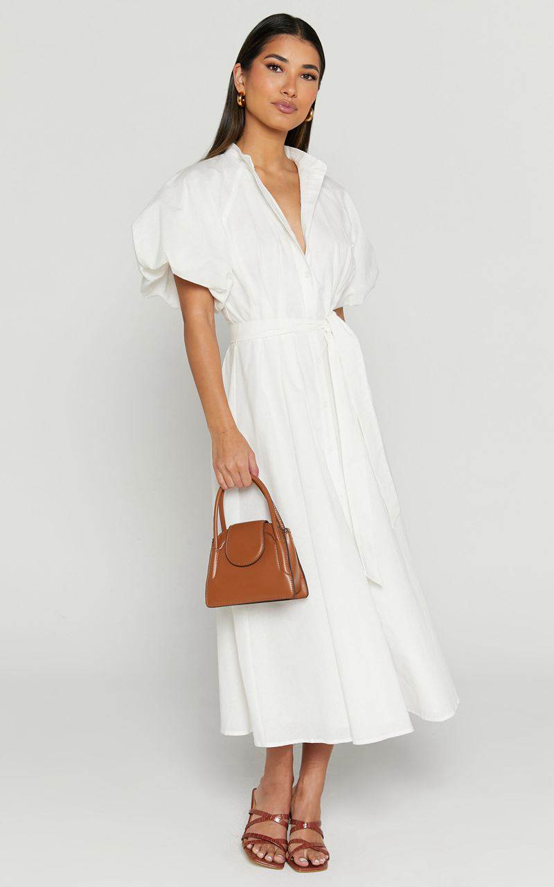 Showpo Sabrina Midi Dress - Linen Look Raglan Sleeve Belted Dress White | LXDTMO534