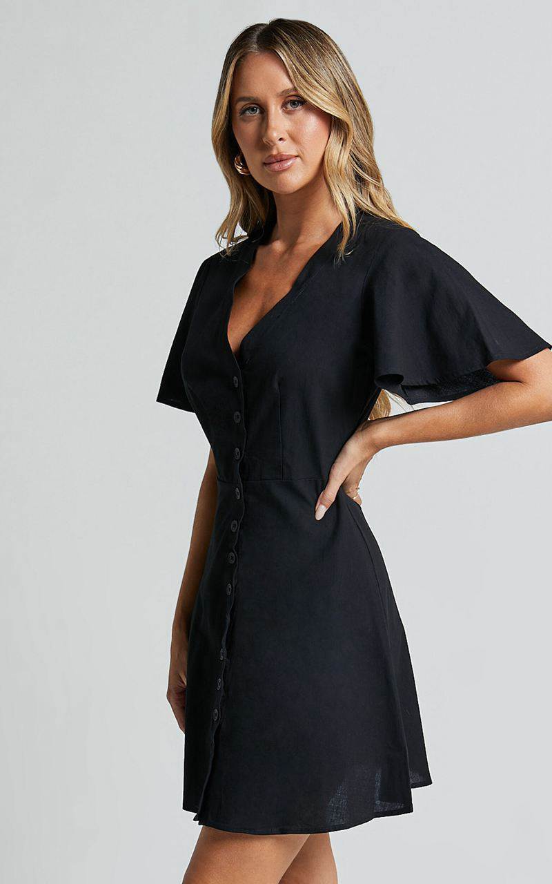 Showpo Sahar Mini Dress - Flutter Sleeve Button Through Dress Black | POKAZC134