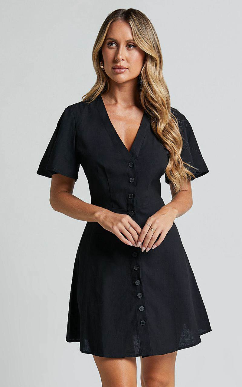 Showpo Sahar Mini Dress - Flutter Sleeve Button Through Dress Black | POKAZC134