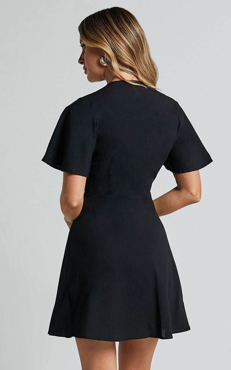 Showpo Sahar Mini Dress - Flutter Sleeve Button Through Dress Black | POKAZC134