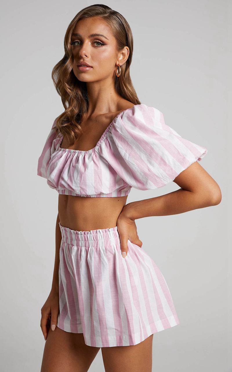 Showpo Sahle Top - Striped Puff Sleeve Crop Top Pink | ULCJOM420