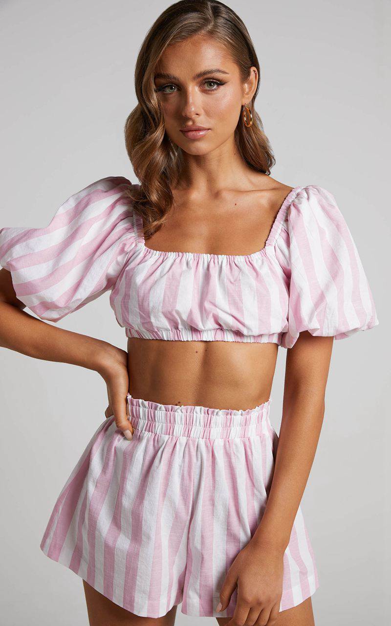 Showpo Sahle Top - Striped Puff Sleeve Crop Top Pink | ULCJOM420