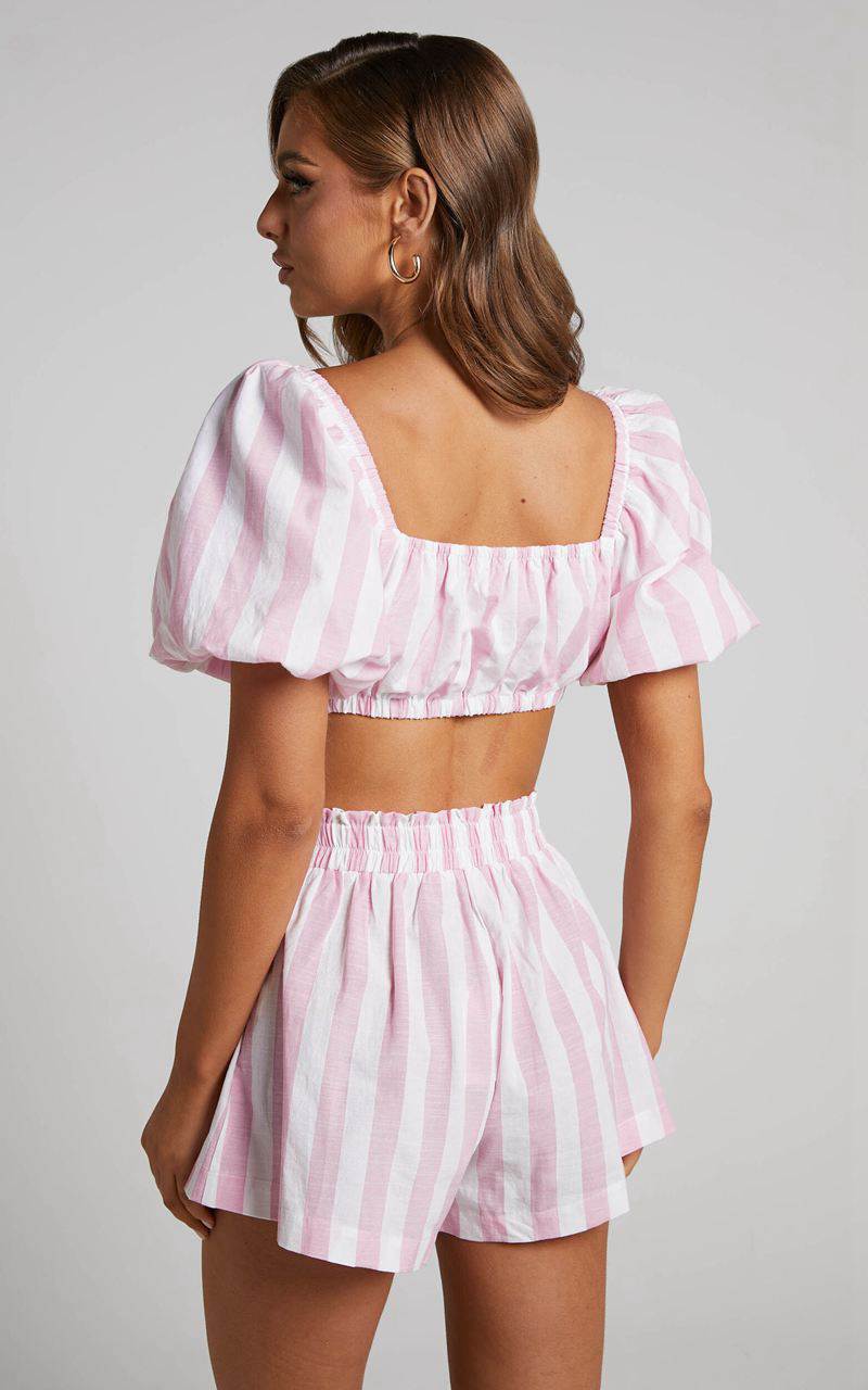 Showpo Sahle Top - Striped Puff Sleeve Crop Top Pink | ULCJOM420