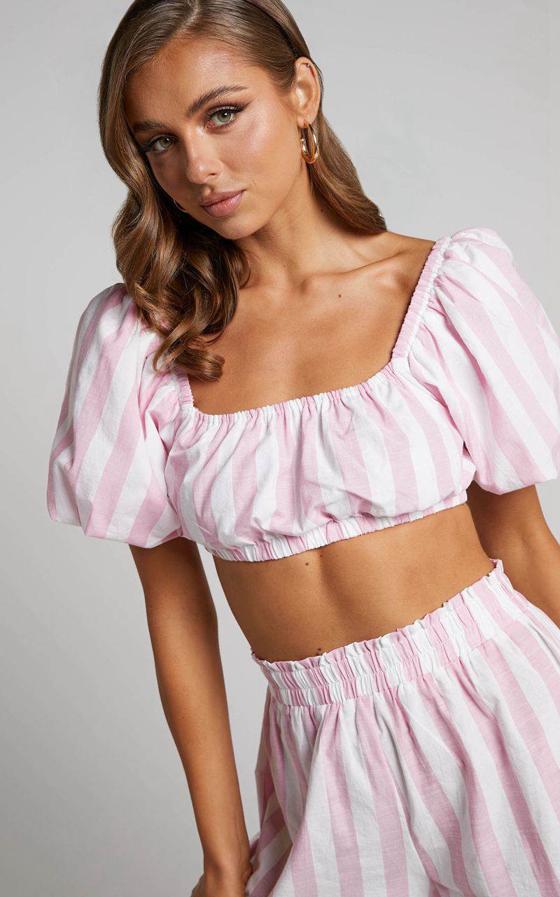 Showpo Sahle Top - Striped Puff Sleeve Crop Top Pink | ULCJOM420