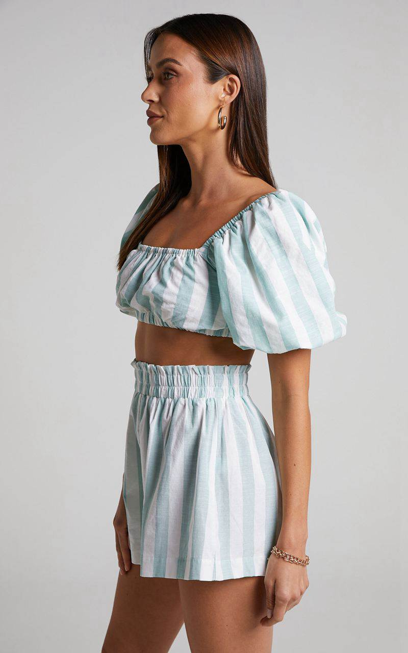 Showpo Sahle Top - Striped Puff Sleeve Crop Top Mint | CWRVEX716