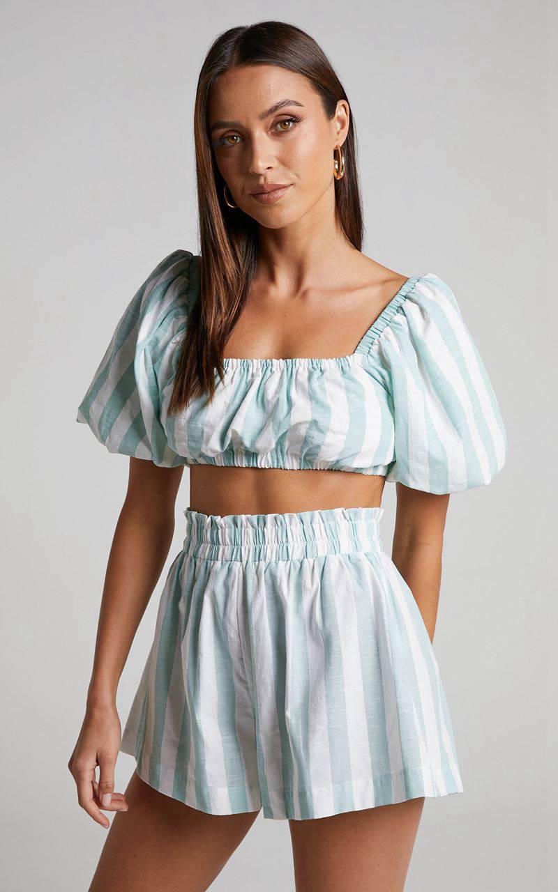 Showpo Sahle Top - Striped Puff Sleeve Crop Top Mint | CWRVEX716