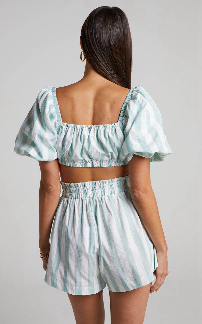 Showpo Sahle Top - Striped Puff Sleeve Crop Top Mint | CWRVEX716