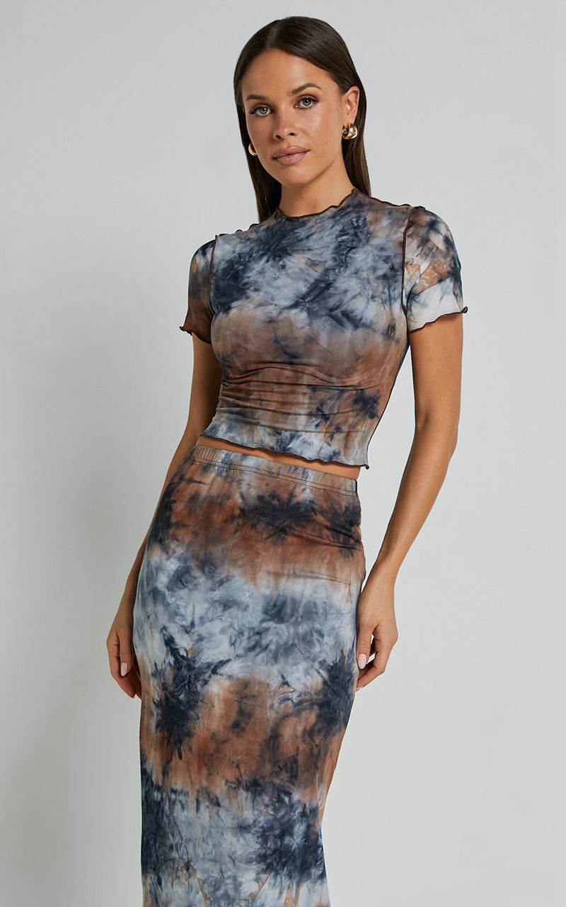 Showpo Salem Two Piece Set - High Neck Short Sleeve Top And Midi Skirt Set Blue Tie Dye | EBWLJF621