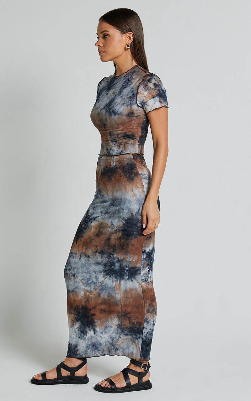 Showpo Salem Two Piece Set - High Neck Short Sleeve Top And Midi Skirt Set Blue Tie Dye | EBWLJF621