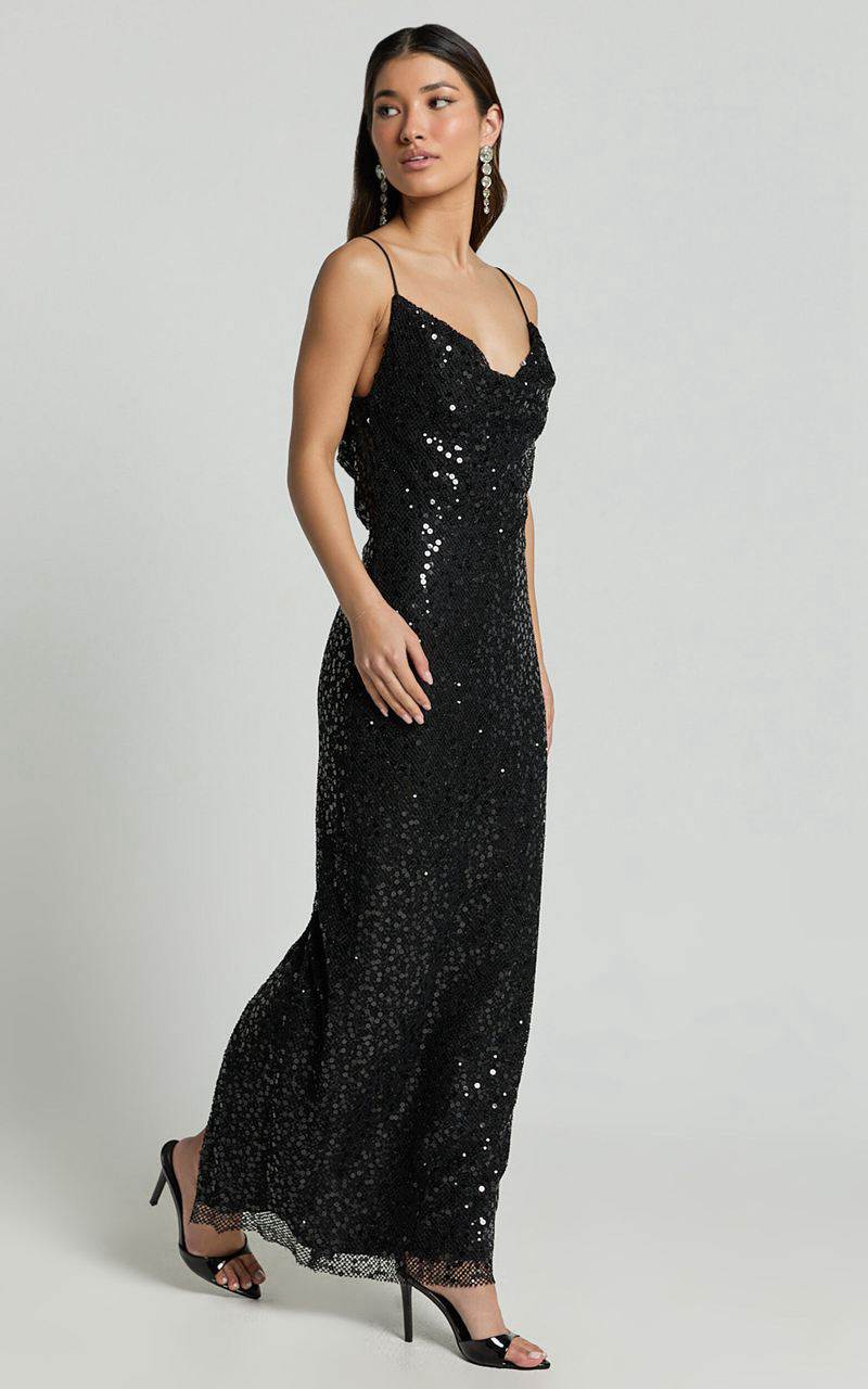 Showpo Sally Maxi Dress - Cowl Neck Backless Sequin Mesh Dress Black | NKATRH654